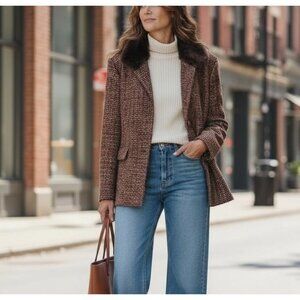 Vintage Wool Tweed Faux Fur Removable Collar Brown Womens Blazer Jacket Size 1X